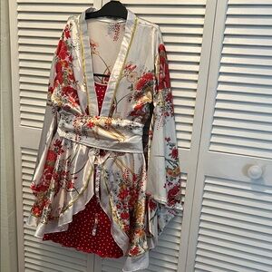 # 0590+ Japanese Floral Kimono Robe with Floral Red Heart Dot Dress Set.